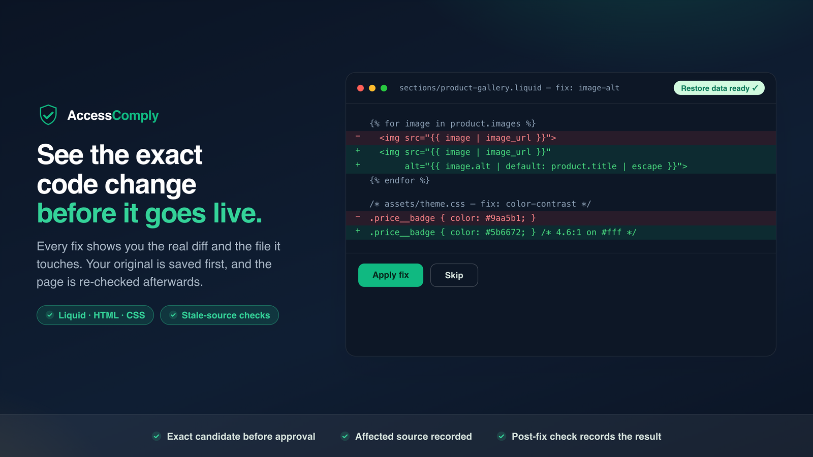 Before-and-after code diff in AccessComply showing a proposed accessibility change to a Shopify theme snippet