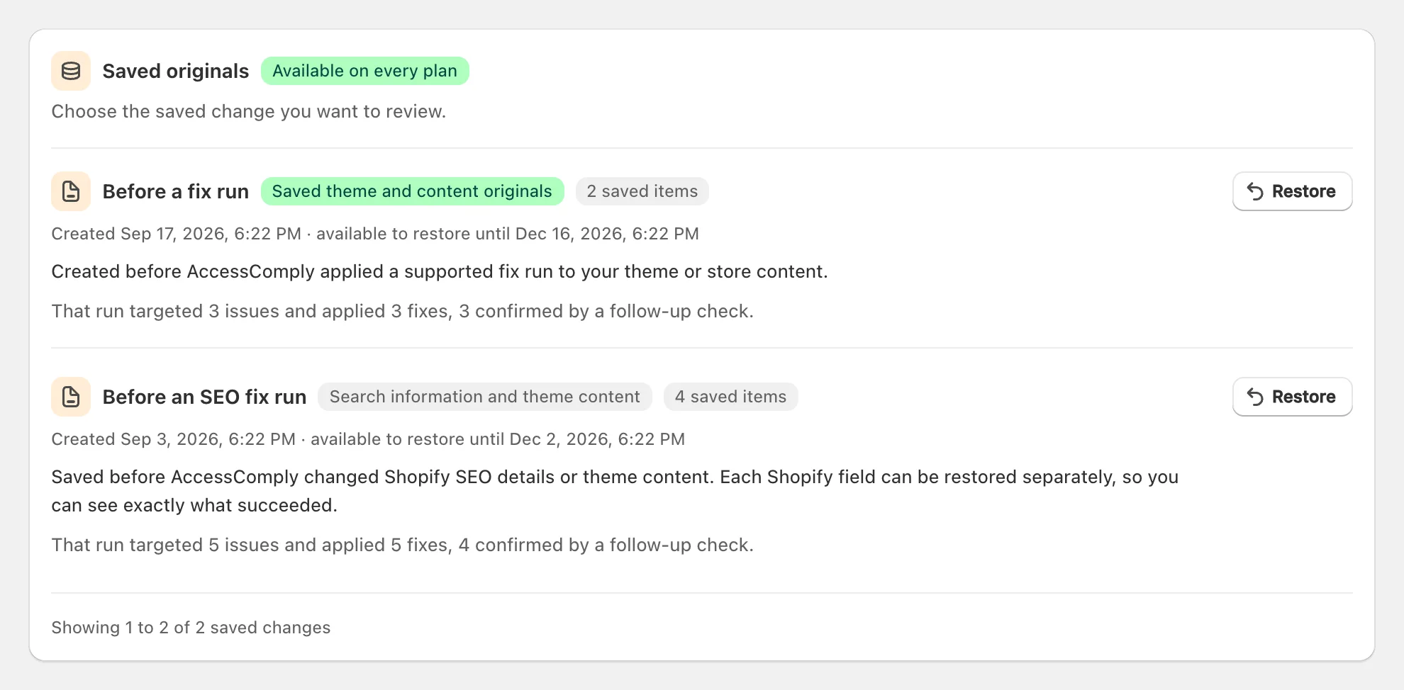 Undo and restore in AccessComply: saved originals for each fix run, how many fixes a follow up check confirmed, and a Restore button